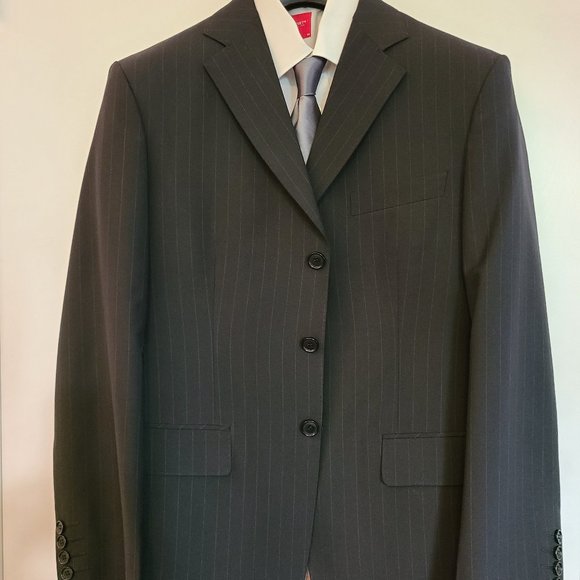 Custom Kwun Kee Tailors MTM Black Pinstripe Wool Suit - Picture 1 of 16